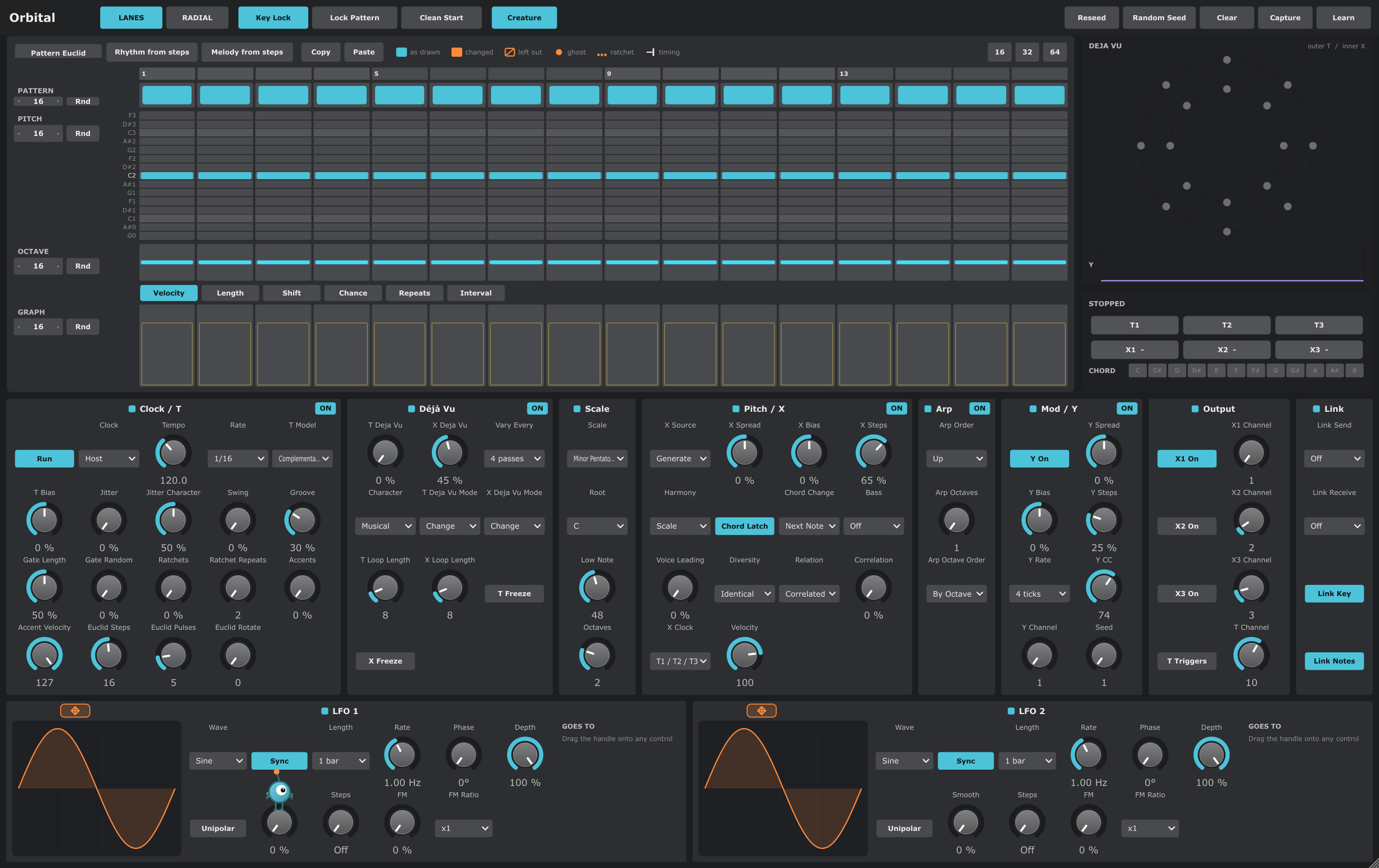 The Orbital window: cyan step lanes, a Déjà Vu circle and sections of knobs