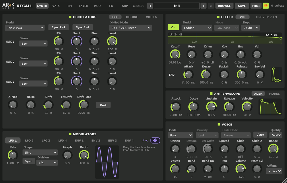 The Holon window: oscillators, filter, envelopes and modulators in lime on olive grey