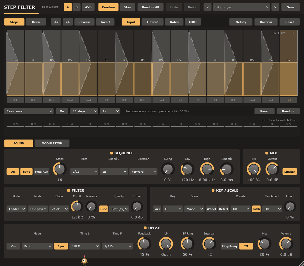 The Orbiton window: a step grid in orange over a warm grey panel, knobs below